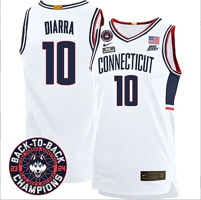 Hassan Diarra Jersey #10 UConn Huskies Basketball 2024 Back To Back Champions Patch White