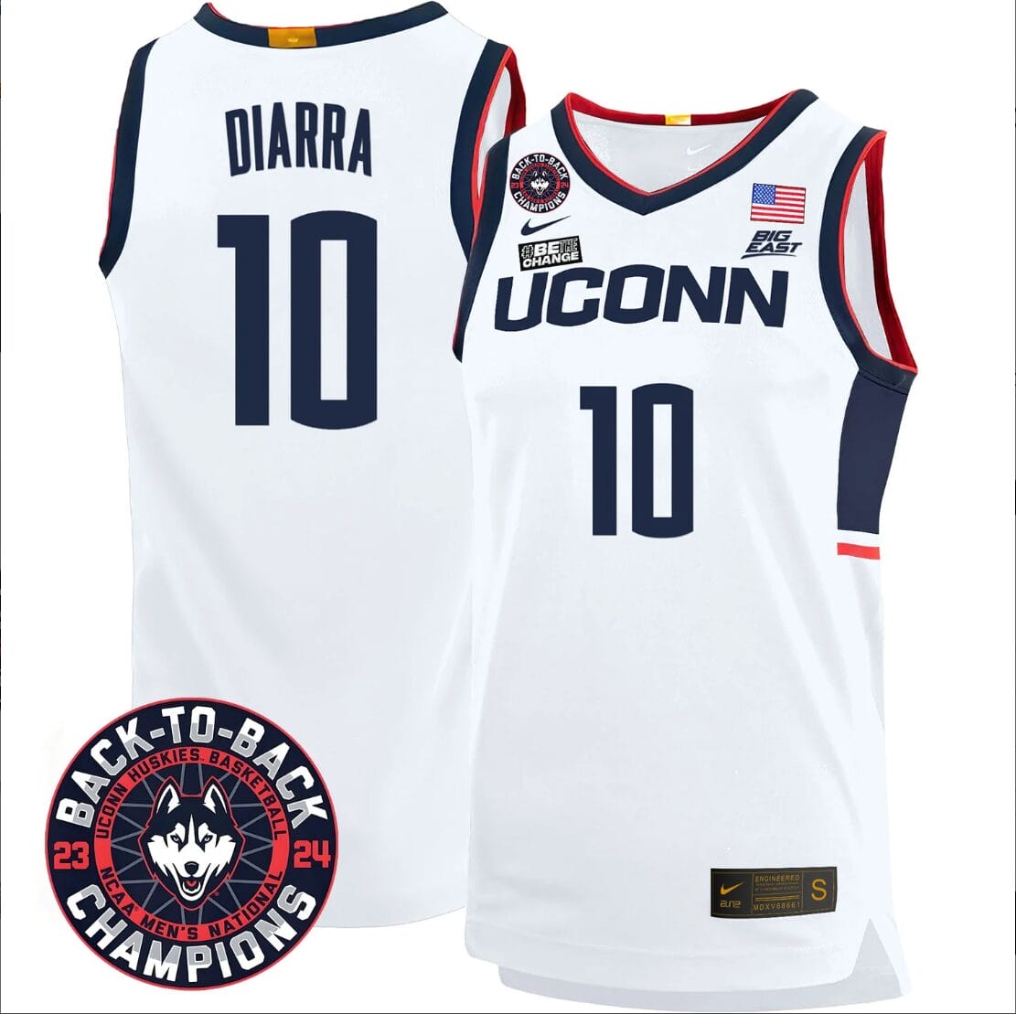 Hassan Diarra Jersey #10 UConn Huskies Basketball 2024 Back To Back Champions Patch White Home 1 Hassan Diarra Jersey #10 UConn Huskies Basketball 2024 Back To Back Champions Patch White Home