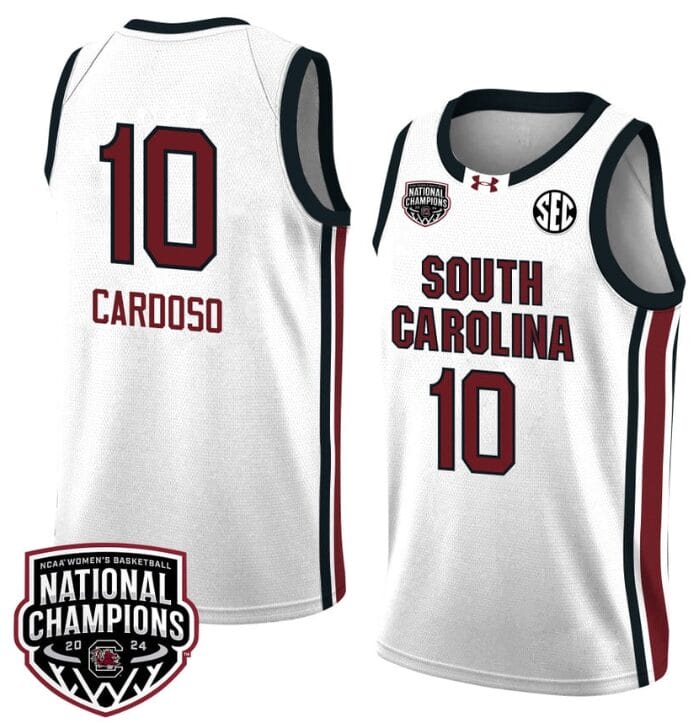 Kamilla Cardoso Jersey #10 South Carolina Gamecocks 2024 NCAA Basketball National Champions White Red 1 Kamilla Cardoso Jersey #10 South Carolina Gamecocks 2024 NCAA Basketball National Champions White Red