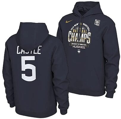 Stephon Castle Hoodie #5 UConn Huskies 2024 NCAA Basketball National Champions Pullover Locker Room Navy 8 Stephon Castle Hoodie #5 UConn Huskies 2024 NCAA Basketball National Champions Pullover Locker Room Navy