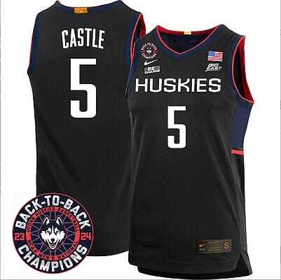 Stephon Castle Jersey #5 UConn Huskies Basketball 2024 Back To Back Champions Patch Black