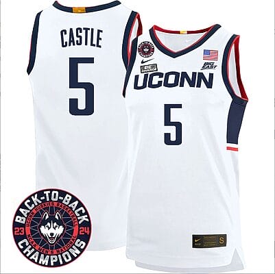 Stephon Castle Jersey #5 UConn Huskies Basketball 2024 Back To Back Champions Patch White Home 8 Stephon Castle Jersey #5 UConn Huskies Basketball 2024 Back To Back Champions Patch White Home