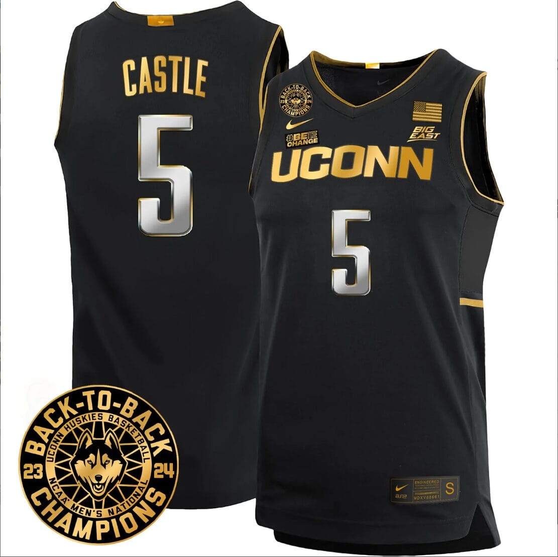 Stephon Castle Jersey #5 UConn Huskies Basketball 2024 Back To Back Champions Patch Black Gold 1 Stephon Castle Jersey #5 UConn Huskies Basketball 2024 Back To Back Champions Patch Black Gold