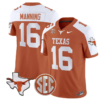 Arch Manning Jersey #16 Texas Longhorns State Map and Sec Patch Vapor Limited College Football Stitched Orange Alternate