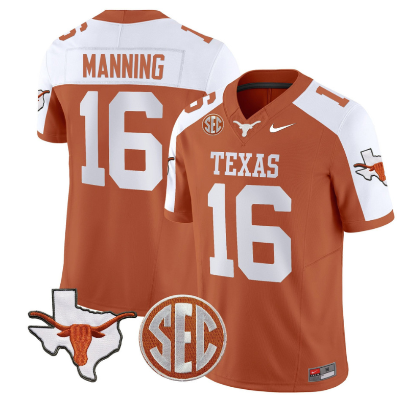 Arch Manning Jersey #16 Texas Longhorns State Map and Sec Patch Vapor Limited College Football Stitched Orange Alternate 8 Arch Manning Jersey #16 Texas Longhorns State Map and Sec Patch Vapor Limited College Football Stitched Orange Alternate
