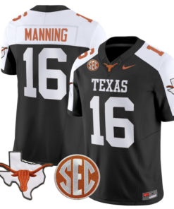 Arch Manning Jersey #16 Texas Longhorns State Map and Sec Patch Vapor Limited College Football Stitched Black Alternate