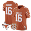 Arch Manning Jersey #16 Texas Longhorns State Map and Sec Patch Vapor Limited College Football Stitched Texas Orange