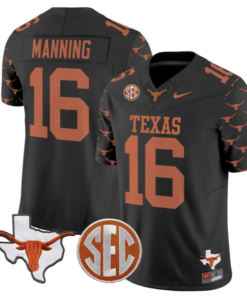 Arch Manning Jersey #16 Texas Longhorns State Map and Sec Patch Vapor Limited College Football Stitched Black
