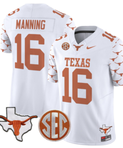 Arch Manning Jersey #16 Texas Longhorns State Map and Sec Patch Vapor Limited College Football Stitched White