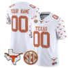 Custom Texas Longhorns Jersey Name and Number State Map and Sec Patch Vapor Limited College Football Stitched White