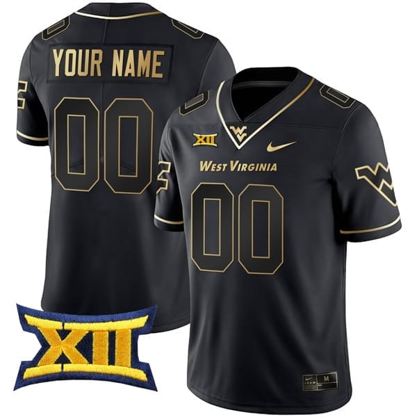Custom West Virginia Mountaineers Jersey Name and Number College Football Black Gold “Gold Series” 8 Custom West Virginia Mountaineers Jersey Name and Number College Football Black Gold “Gold Series”