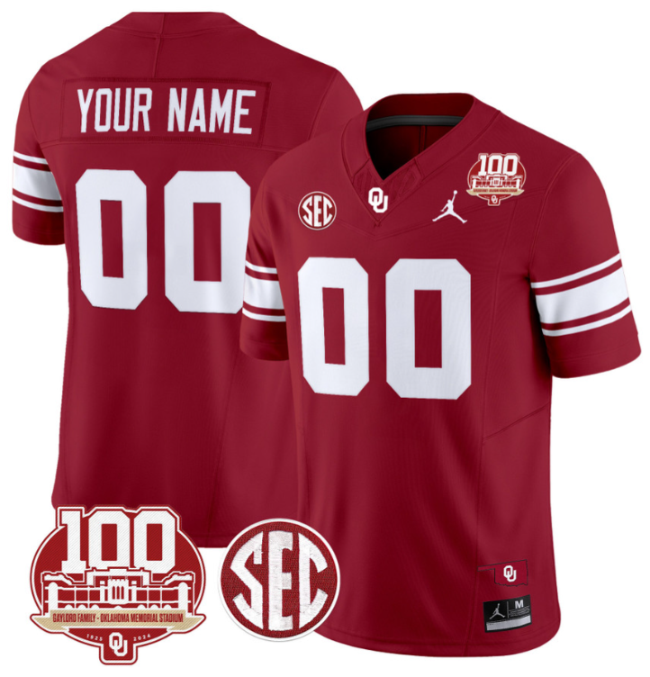Custom Oklahoma Sooners Jersey Name and Number 100th Anniversary Patch Vapor Limited College Football Stitched Crimson 8 Custom Oklahoma Sooners Jersey Name and Number 100th Anniversary Patch Vapor Limited College Football Stitched Crimson