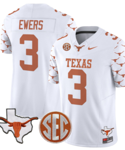 Quinn Ewers Jersey #3 Texas Longhorns State Map and Sec Patch Vapor Limited College Football Stitched White