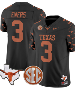 Quinn Ewers Jersey #3 Texas Longhorns State Map and Sec Patch Vapor Limited College Football Stitched Black