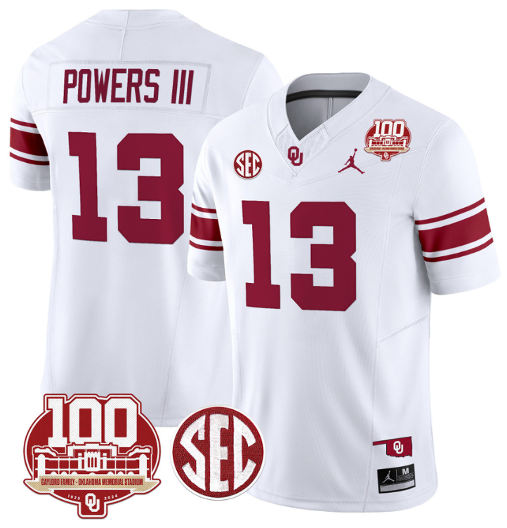Reggie Powers III Jersey #13 Oklahoma Sooners 100th Anniversary Patch Vapor Limited College Football Stitched White 8 Reggie Powers III Jersey #13 Oklahoma Sooners 100th Anniversary Patch Vapor Limited College Football Stitched White