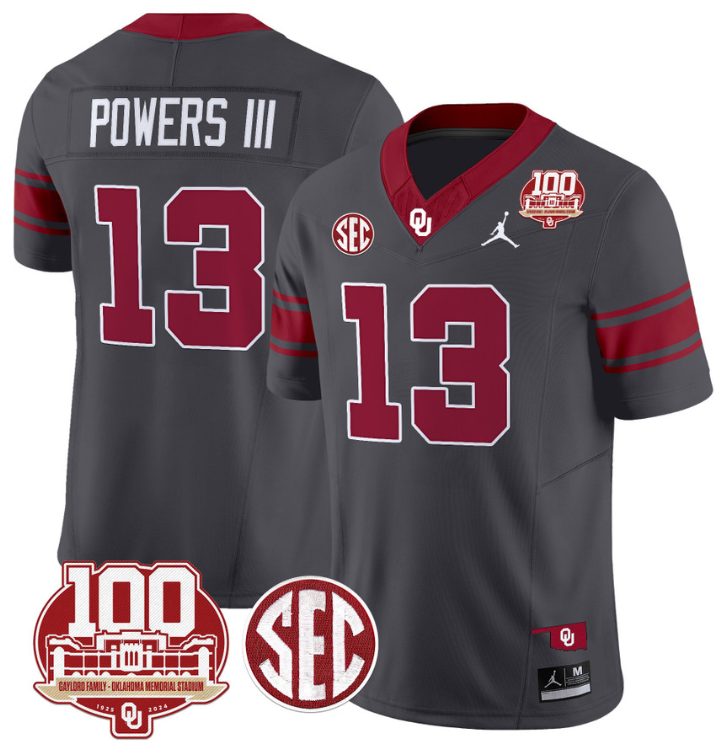 Reggie Powers III Jersey #13 Oklahoma Sooners 100th Anniversary Patch Vapor Limited College Football Stitched Anthracite 8 Reggie Powers III Jersey #13 Oklahoma Sooners 100th Anniversary Patch Vapor Limited College Football Stitched Anthracite