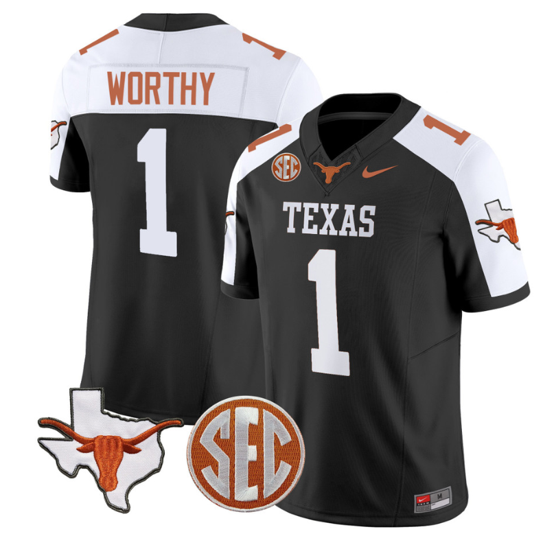 Xavier Worthy Jersey #1 Texas Longhorns State Map and Sec Patch Vapor Limited College Football Stitched Black Alternate 8 Xavier Worthy Jersey #1 Texas Longhorns State Map and Sec Patch Vapor Limited College Football Stitched Black Alternate