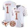 Xavier Worthy Jersey #1 Texas Longhorns State Map and Sec Patch Vapor Limited College Football Stitched White