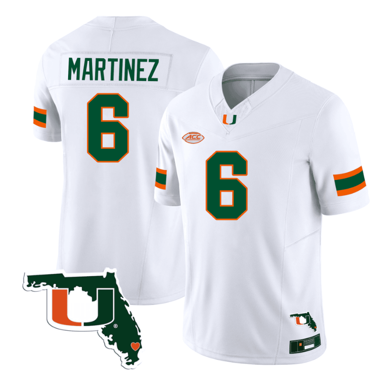 Damien Martinez Jersey #6 Miami Hurricanes Florida Map College Football Stitched White 8 Damien Martinez Jersey #6 Miami Hurricanes Florida Map College Football Stitched White