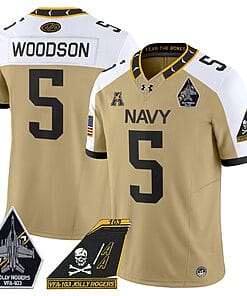 Braxton Woodson Jersey #5 Navy Midshipmen 2024 Jolly Rogers Patch Gold Alternate