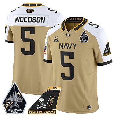 Braxton Woodson Jersey #5 Navy Midshipmen 2024 Jolly Rogers Patch Gold Alternate