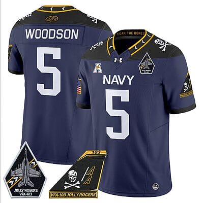 Braxton Woodson Jersey #5 Navy Midshipmen 2024 Jolly Rogers Patch Navy