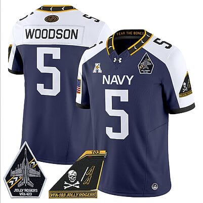 Braxton Woodson Jersey #5 Navy Midshipmen 2024 Jolly Rogers Patch Navy Alternate