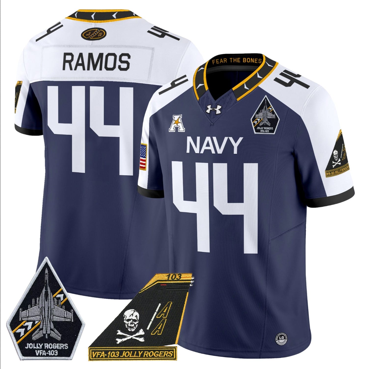Colin Ramos Jersey #44 Navy Midshipmen 2024 Jolly Rogers Patch Navy Alternate 1 Colin Ramos Jersey #44 Navy Midshipmen 2024 Jolly Rogers Patch Navy Alternate
