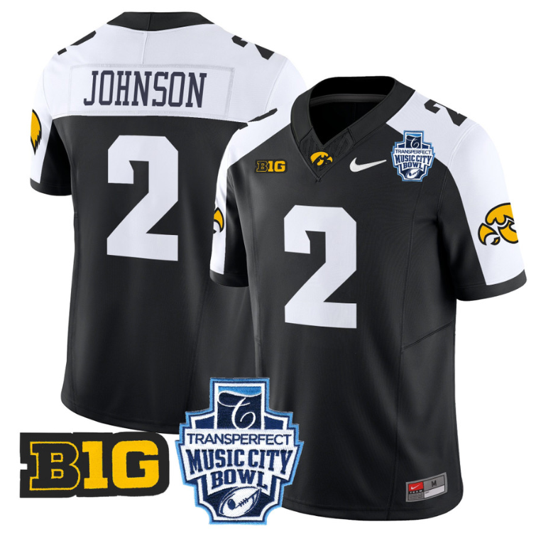 Kaleb Johnson Jersey #2 Iowa Hawkeyes 2024 Music City Bowl Patch Black Alternate 1 Kaleb Johnson Jersey #2 Iowa Hawkeyes 2024 Music City Bowl Patch Black Alternate
