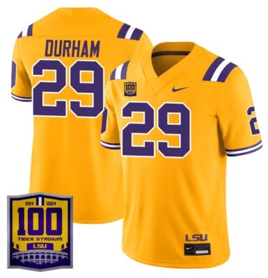Caden Durham Jersey #29 LSU Tigers 100 Years of Tiger Stadium Patch Football All Stitched 10 Caden Durham Jersey #29 LSU Tigers 100 Years of Tiger Stadium Patch Football All Stitched