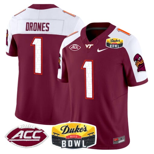 Kyron Drones Jersey #1 Virginia Tech Hokies 2025 Duke’s Mayo Bowl Patch Stitched Football 1 Kyron Drones Jersey #1 Virginia Tech Hokies 2025 Duke’s Mayo Bowl Patch Stitched Football