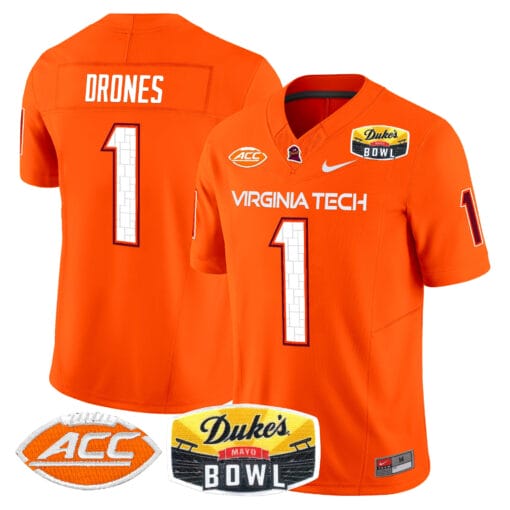 Kyron Drones Jersey #1 Virginia Tech Hokies 2025 Duke’s Mayo Bowl Patch Stitched Football 3 Kyron Drones Jersey #1 Virginia Tech Hokies 2025 Duke’s Mayo Bowl Patch Stitched Football - Image 3