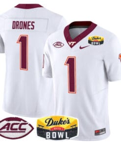 Alternative view of Kyron Drones Jersey #1 Virginia Tech Hokies 2025 Duke’s Mayo Bowl Patch Stitched Football