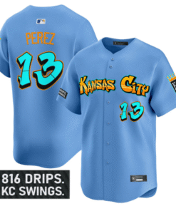 Salvador Perez Jersey 13 Kansas City Royals Graffiti Crown Drop Stitched Blue