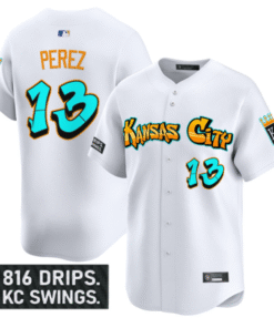 Alternative view of Salvador Perez Jersey #13 Kansas City Royals Graffiti Crown Drop Stitched Baseball