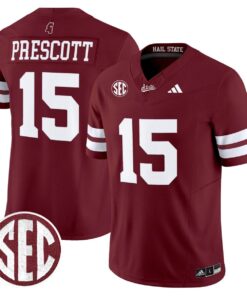 Dak Prescott Jersey 15 Mississippi State Bulldogs Dark Mode Stitched Maroon