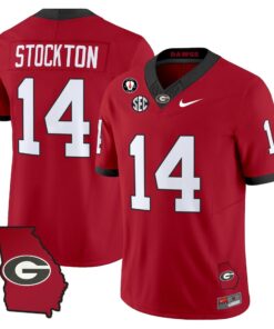 Gunner Stockton Jersey #14 Georgia Bulldogs 2025 Georgia Map, Vince Dooley Stitched 8 Gunner Stockton Jersey 14 Georgia Bulldogs 2025 Georgia Map Vince Dooley Stitched Red