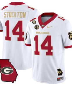 Gunner Stockton Jersey #14 Georgia Bulldogs 2025 Georgia Map, Vince Dooley Stitched 9 Gunner Stockton Jersey 14 Georgia Bulldogs 2025 Georgia Map Vince Dooley Stitched White Gold Trim