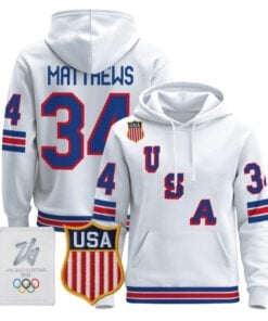 Auston Matthews 34 2026 USA Olympic Premium Hockey Pullover Hoodie Stitched White