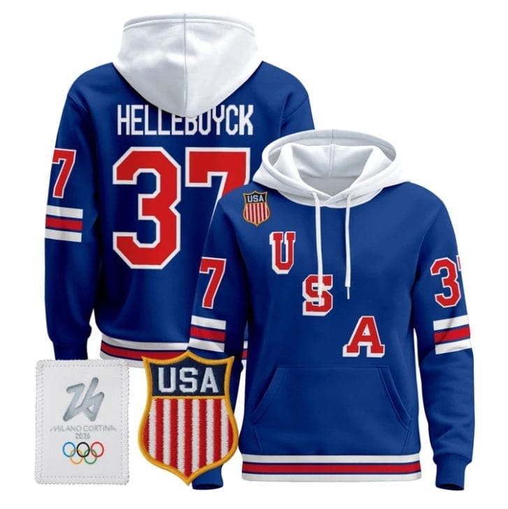 Connor Hellebuyck 37 USA Olympic 2026 Hockey Pullover Hoodie Stitched Royal