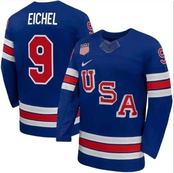 JackEichelJerseyTeamUSAWinterOlympics2026HockeyPremiumSTITCHEDBlue