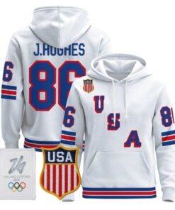 Jack Hughes 86 2026 USA Olympic Premium Hockey Pullover Hoodie Stitched White