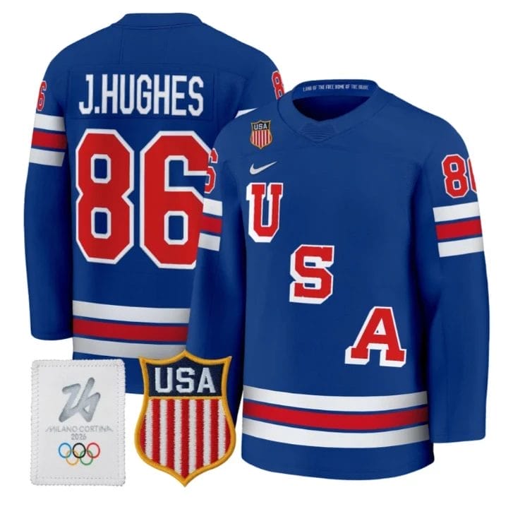 Jack Hughes Jersey 86 USA Olympic 2026 Premium Hockey All Stitched Royal