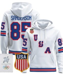 Jake Sanderson #85 USA Olympic 2026 Premium Hockey Pullover Hoodie Stitched 4 Jake Sanderson 85 USA Olympic 2026 Premium Hockey Pullover Hoodie Stitched White