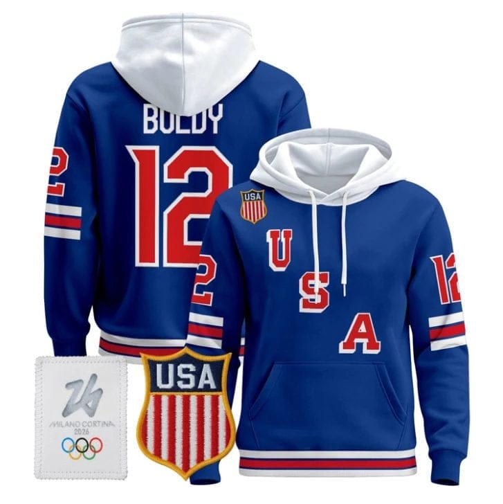 Matt Boldy 12 USA Olympic 2026 Premium Hockey Pullover Hoodie Stitched Royal