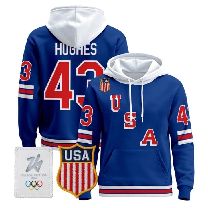 Quinn Hughes 43 USA Olympic 2026 Premium Hockey Pullover Hoodie Stitched Royal