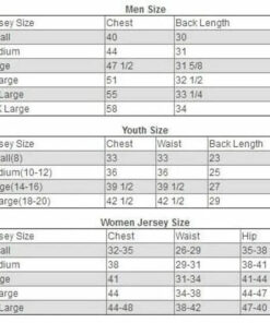 Football jersey size chart with men's, youth and women's measurements in inches